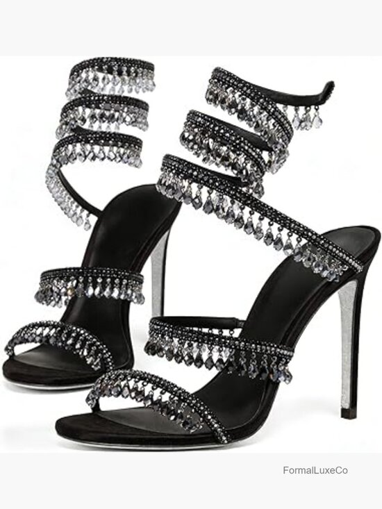 Shoes - Rhinestone Wrap Around Strappy Stiletto Heels for Women, Open Round Toe Lace Up